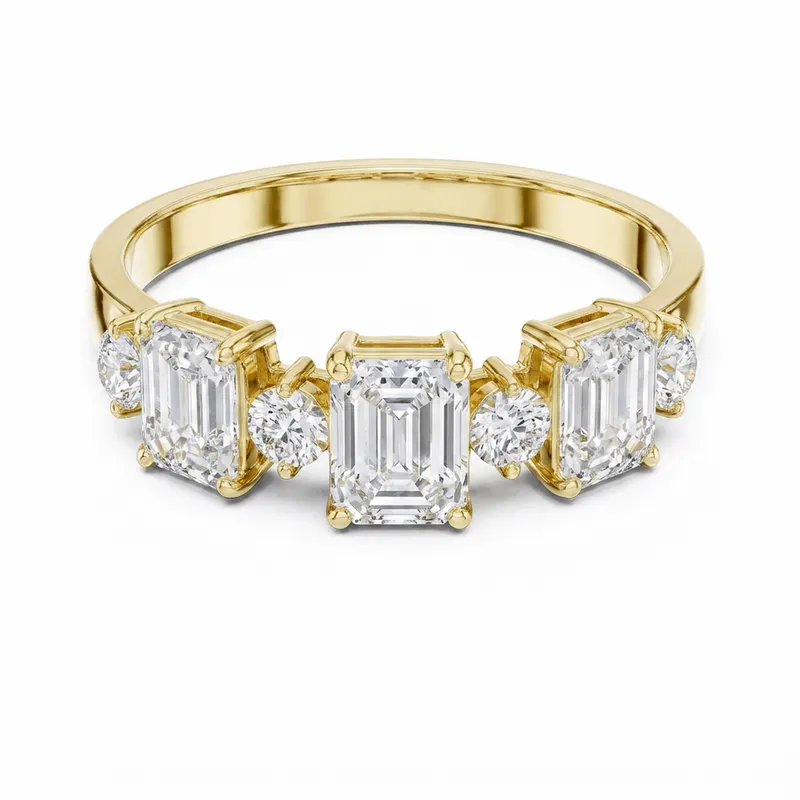 Emerald-Cut & Round Diamond Multi-Stone Band in Yellow Gold