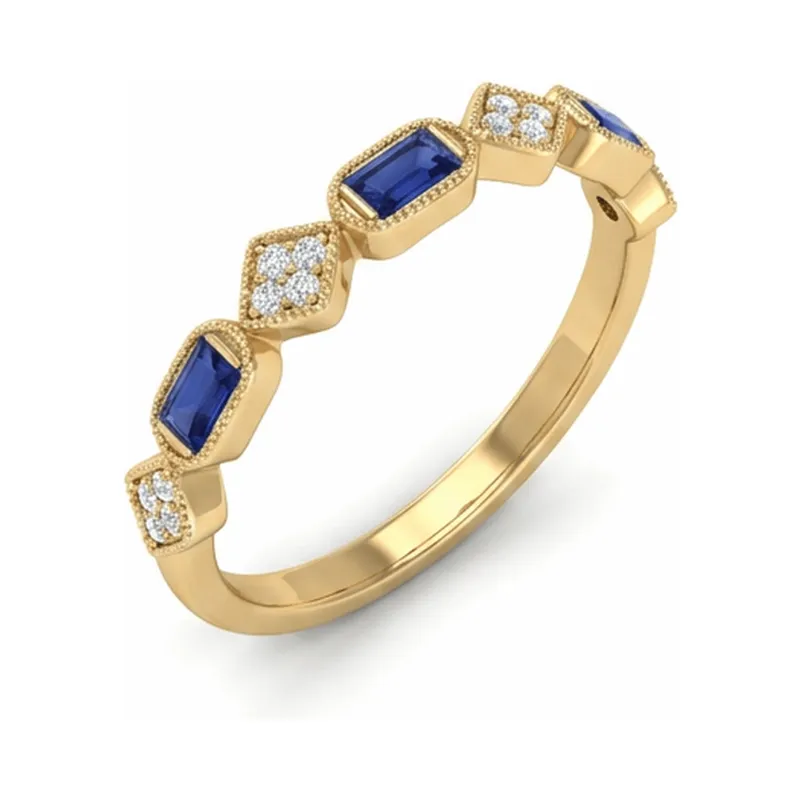 Blue Sapphire Baguette & Diamond Art Deco Band in Yellow Gold