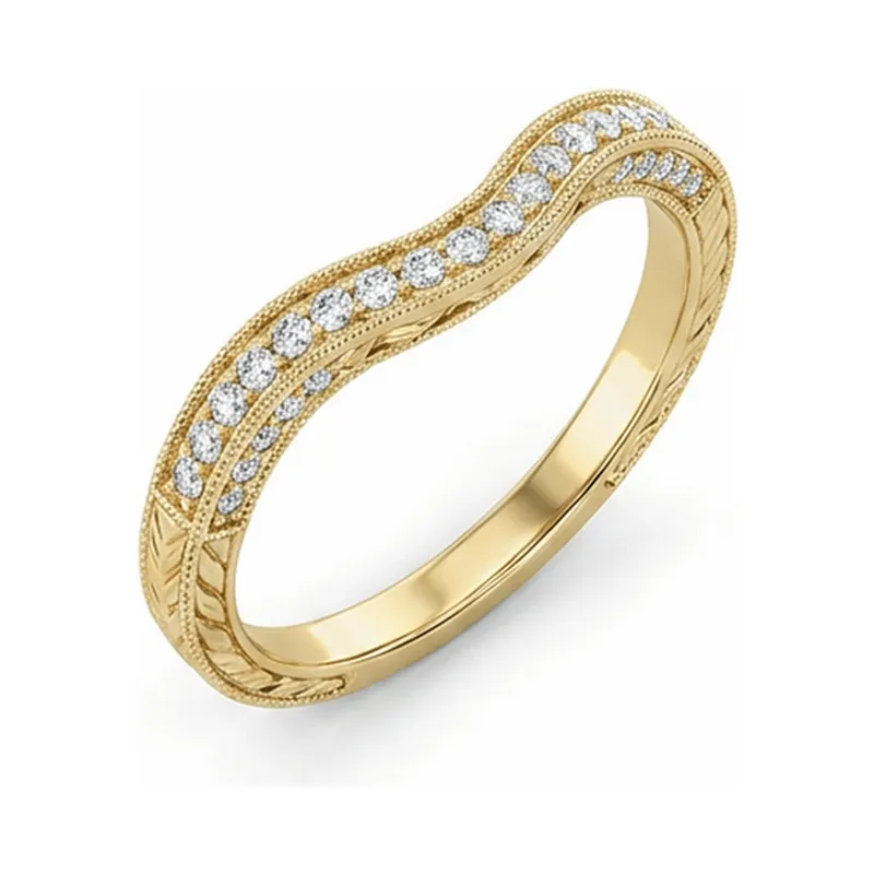 Curved Wheat-Engraved Pavé Contour Band in Yellow Gold