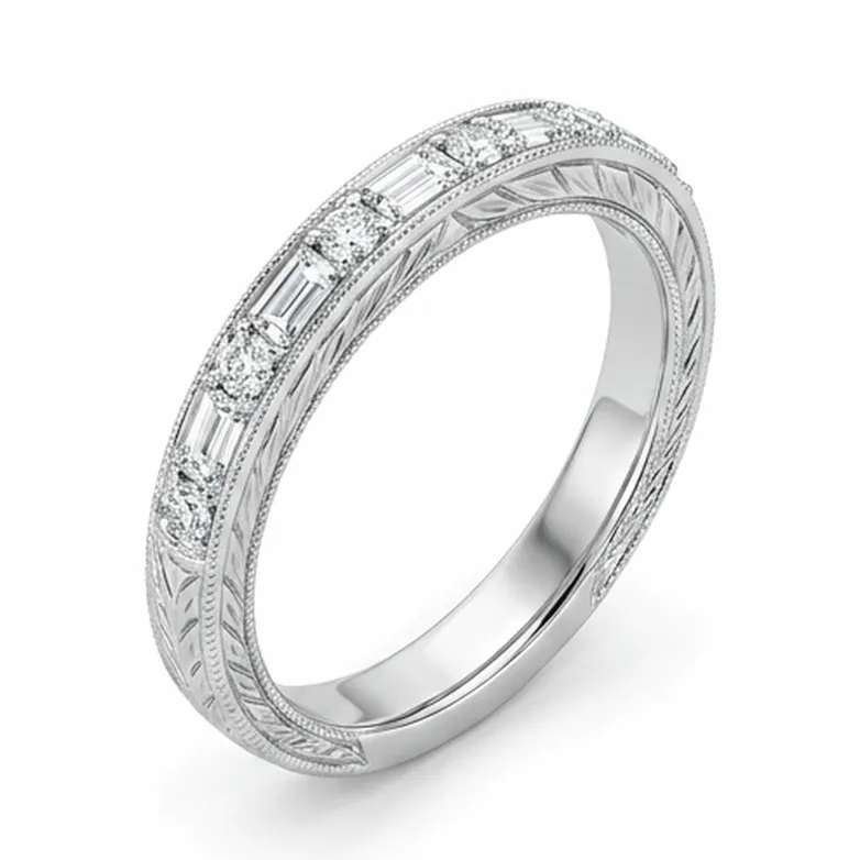 Hand-Engraved Baguette & Round Diamond Band in White Gold