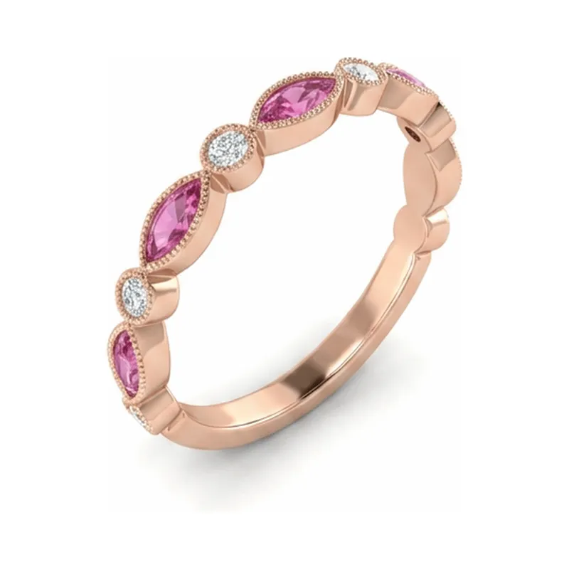 Pink Sapphire & Diamond Milgrain Band in Rose Gold