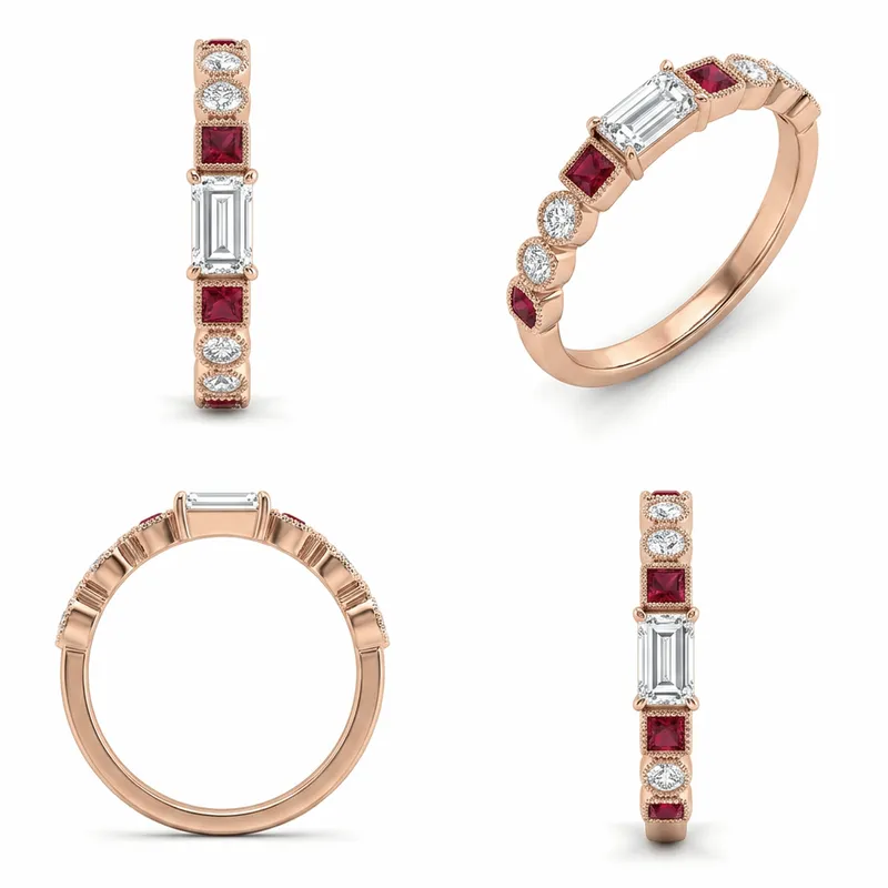 Art Deco Ruby & Diamond Milgrain Eternity Band in Rose Gold