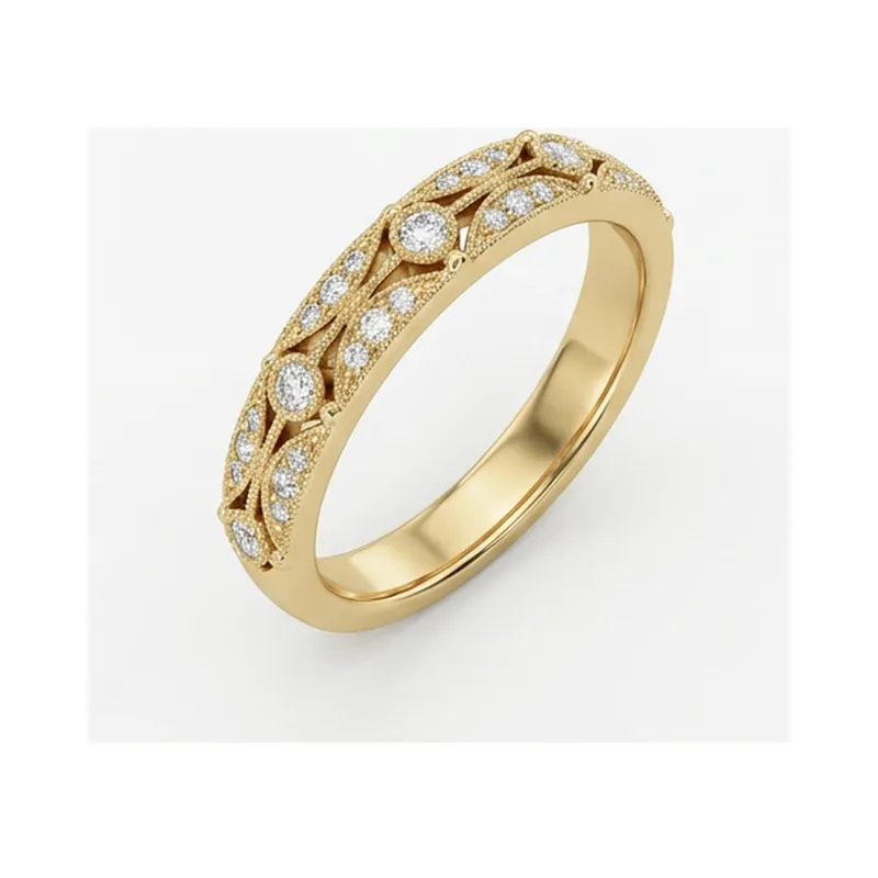 Vintage Floral Milgrain Diamond Anniversary Band in Yellow Gold