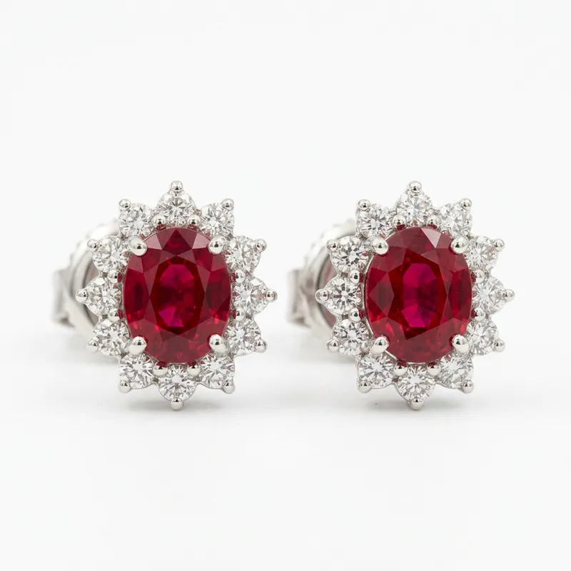 Ruby & Diamond Cluster Stud Earrings