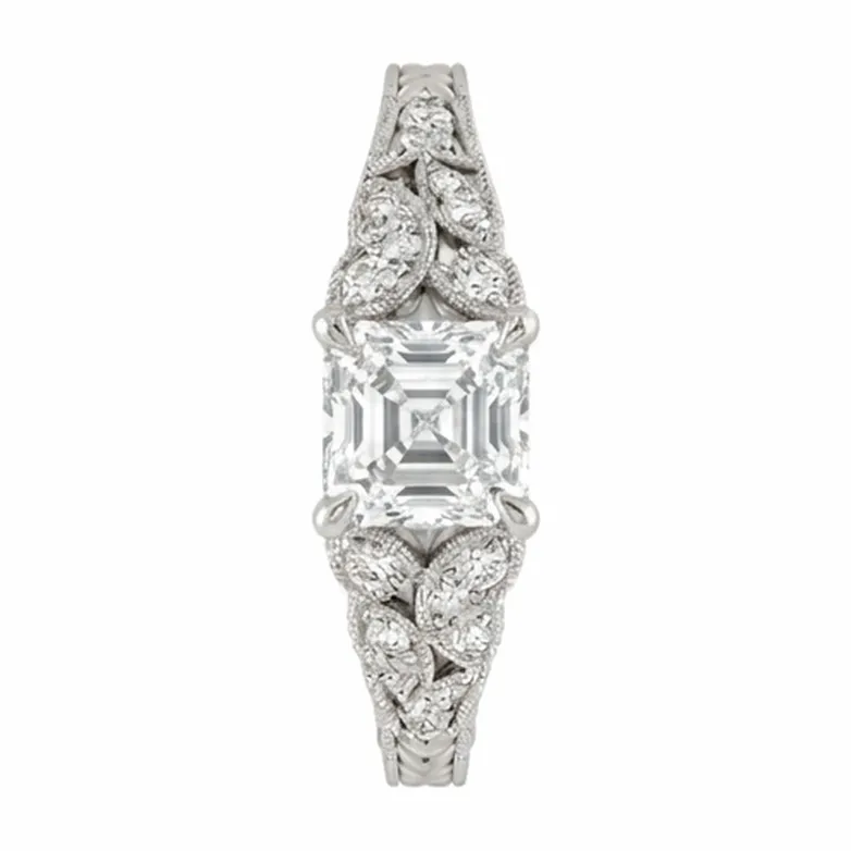 Asscher Cut Vintage Marquise Leaf Engraved Engagement Ring in White Gold