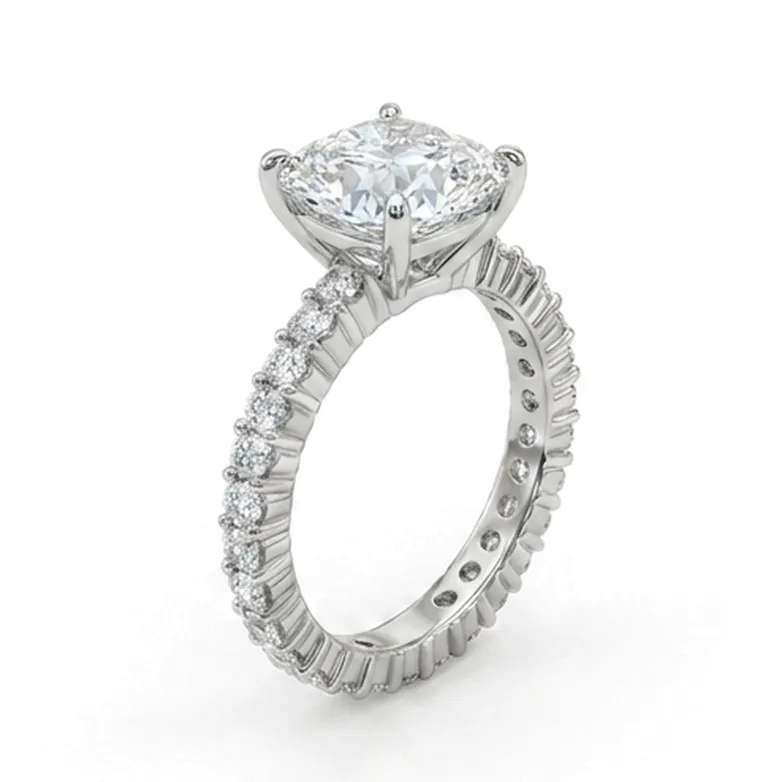 Cushion Cut French Pavé Eternity Engagement Ring in White Gold