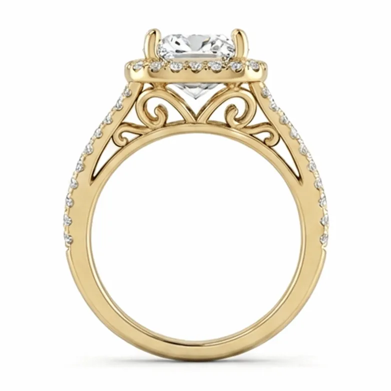 Cushion Cut Halo with Vintage Filigree Split Shank in Yellow Gold