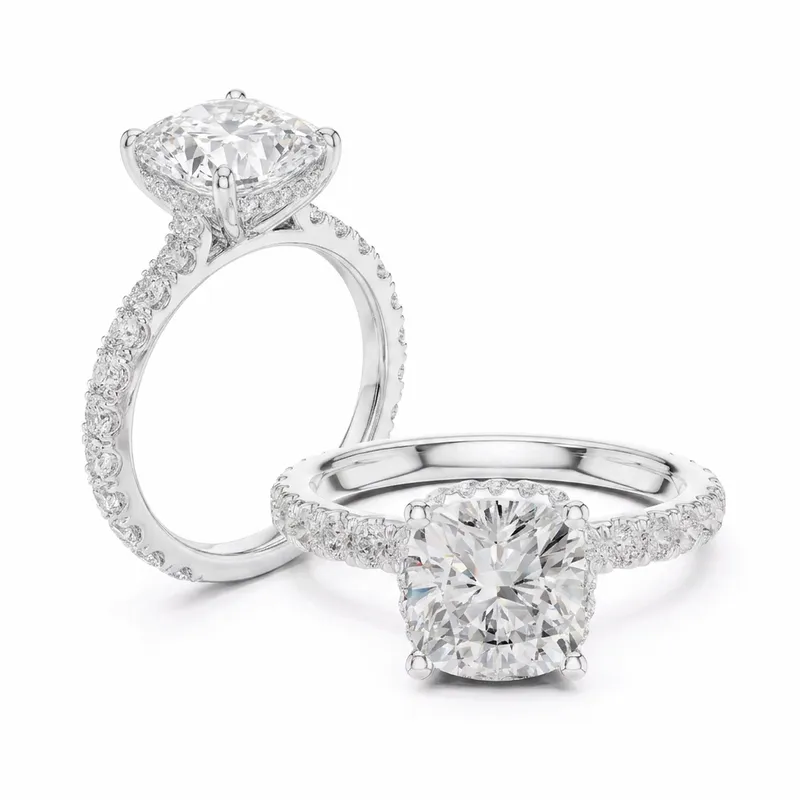 Cushion Cut Hidden Halo with Pavé Shank Engagement Ring in White Gold
