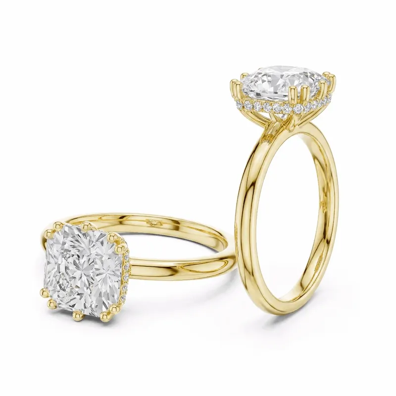 Cushion Cut Hidden Halo Plain Solitaire Engagement Ring in Yellow Gold