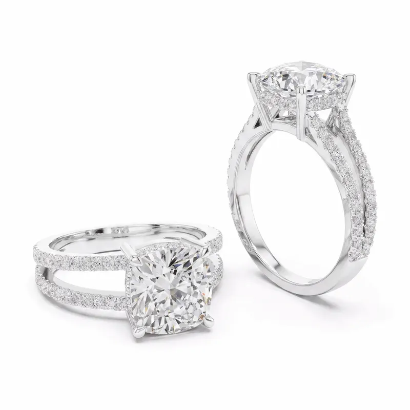 Cushion Cut Hidden Halo with Split Pavé Shank Engagement Ring in White Gold