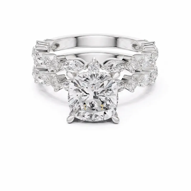 Cushion Cut Marquise & Round Diamond Shank Engagement Ring