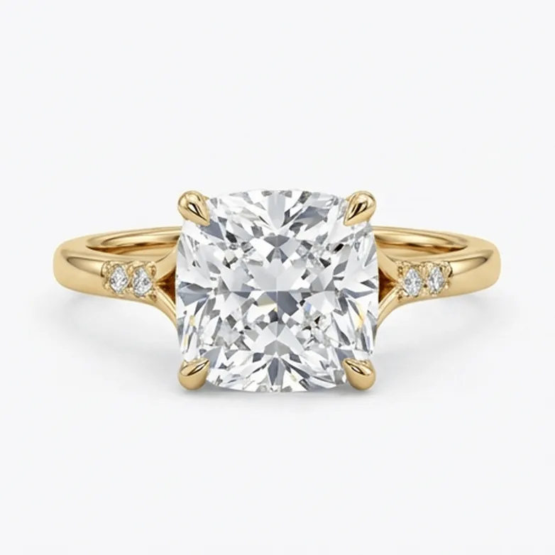 Cushion Cut Lotus-Basket Solitaire with Accented Shank in Yellow Gold