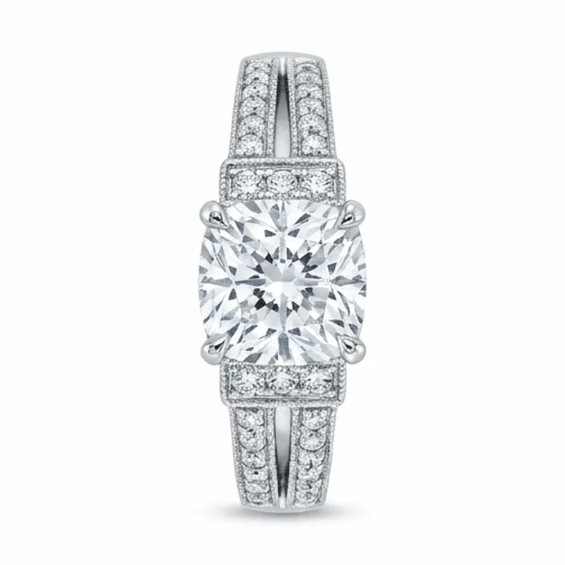 Cushion Cut Vintage Pavé Split-Shank Engagement Ring in White Gold