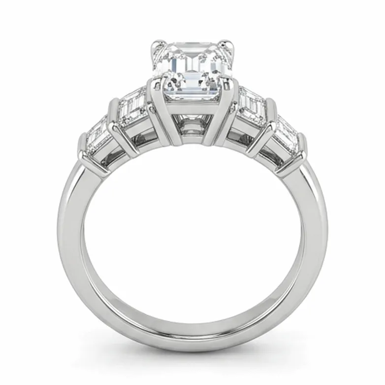 Emerald Cut with Graduated Baguette Side Stones in White Gold