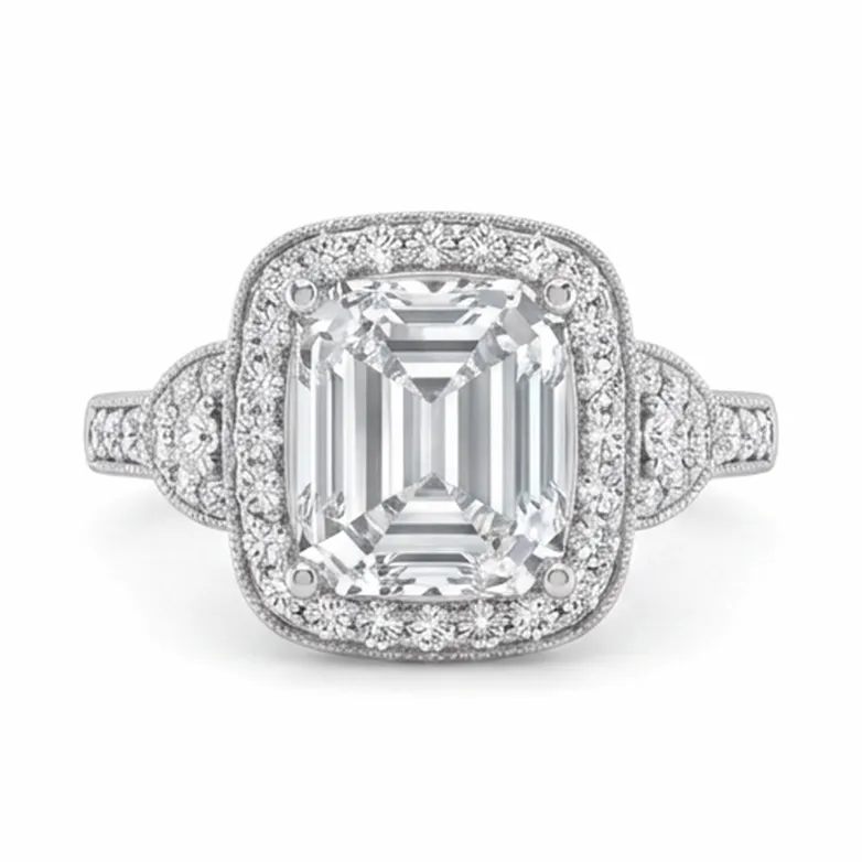 Emerald Cut Cushion Halo Vintage Pavé Engagement Ring in White Gold