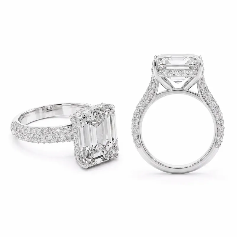 Emerald Cut Halo with Triple Pavé Dome Shank in White Gold