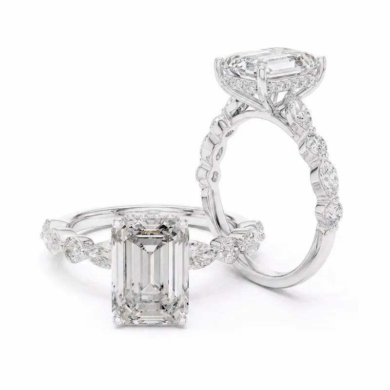 Emerald Cut Hidden Halo with Marquise Accent Shank in White Gold