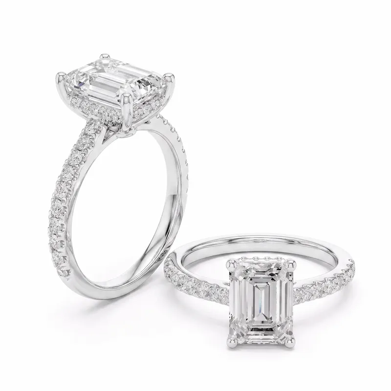 Emerald Cut Hidden Halo with Pavé Shank Engagement Ring in White Gold