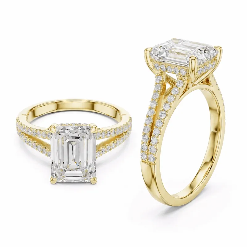 Emerald Cut Hidden Halo with Split Pavé Shank in Yellow Gold