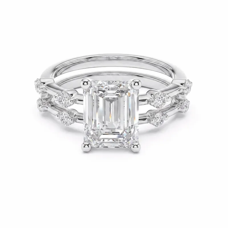 Emerald Cut Scattered Marquise Diamond Shank Engagement Ring