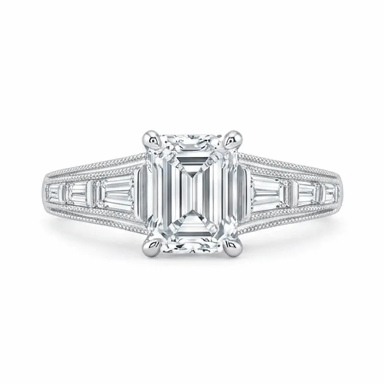 Emerald Cut with Tapered Baguette Three-Stone Engagement Ring in White Gold