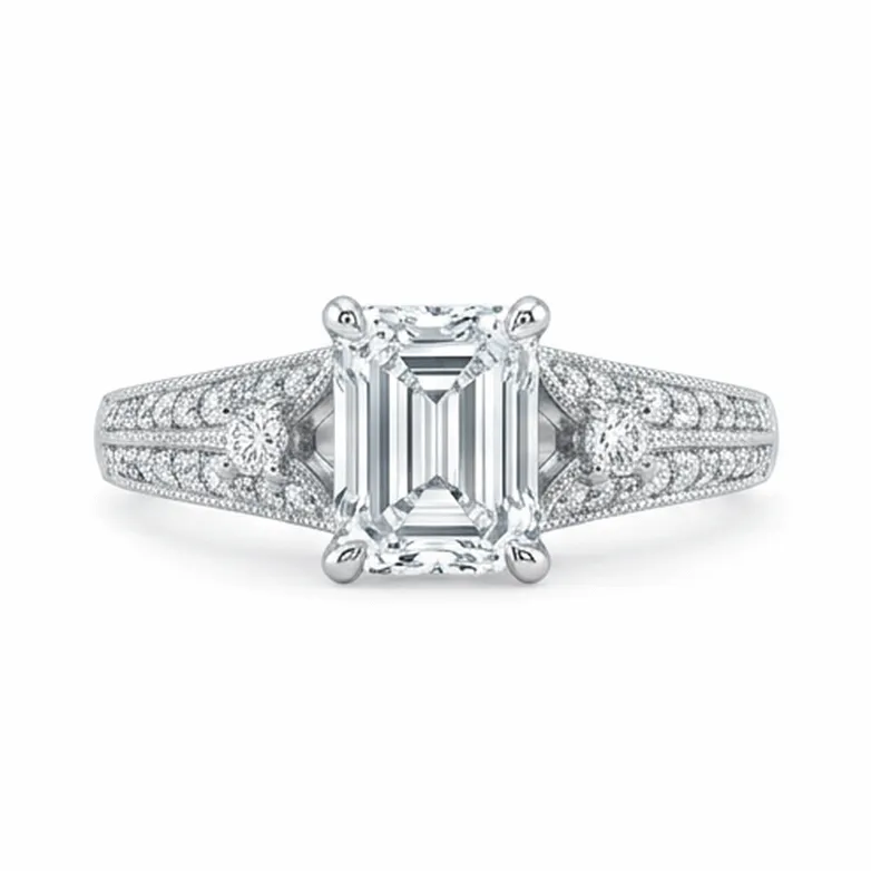 Emerald Cut Three-Stone Pavé Split-Shank Engagement Ring in White Gold