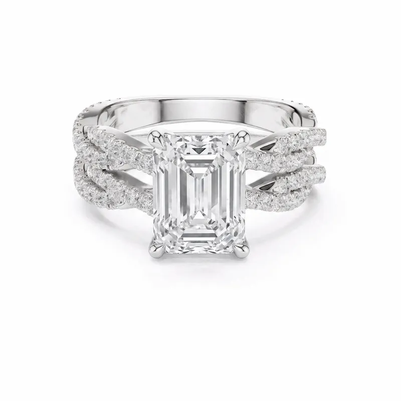 Emerald Cut Triple Pavé Twist Shank Engagement Ring in White Gold