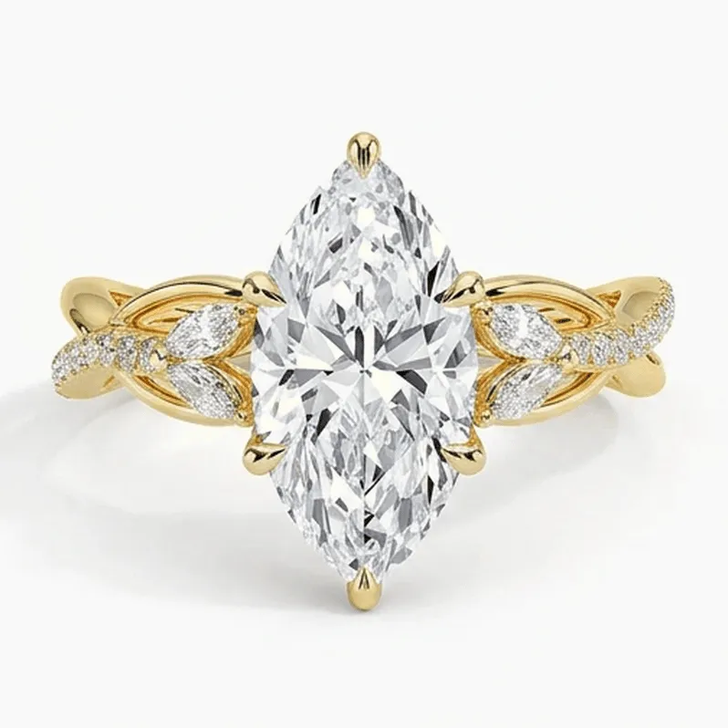 Marquise Cut Floral Twisted Pavé Engagement Ring in Yellow Gold