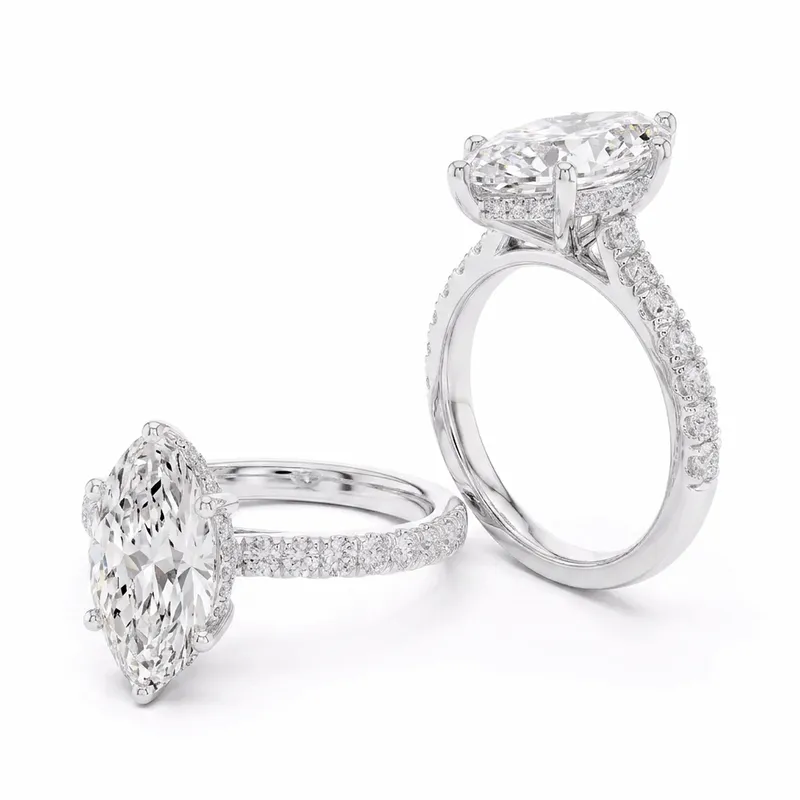 Marquise Cut Hidden Halo with Pavé Shank Engagement Ring in White Gold
