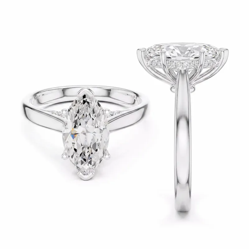 Marquise Cut Hidden Halo Plain Shank Engagement Ring in White Gold