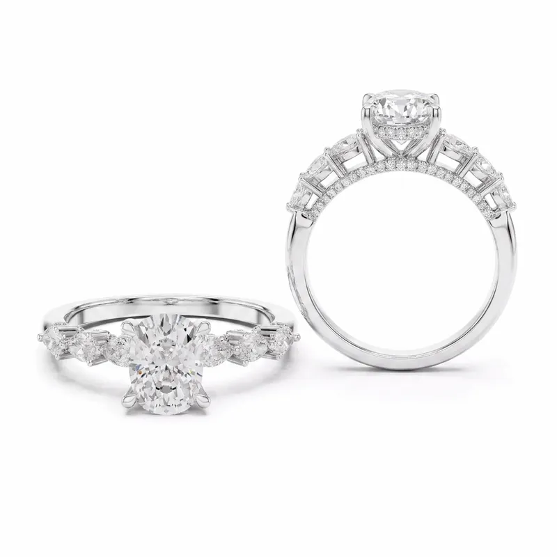 Oval Cut Diamond Accent Marquise & Baguette Cluster Shank in White Gold
