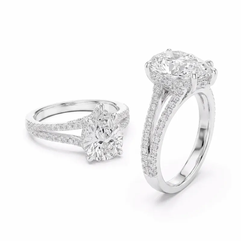 Oval Cut Halo with Split Double Pavé Shank Engagement Ring in White Gold
