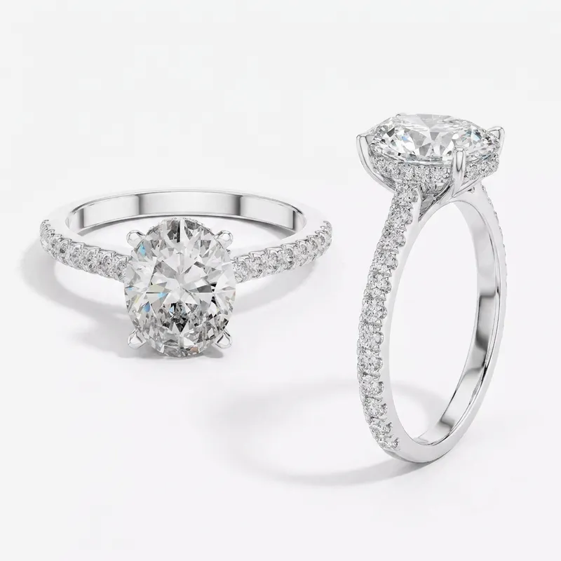 Oval Cut Hidden Halo with Pavé Shank Engagement Ring in White Gold