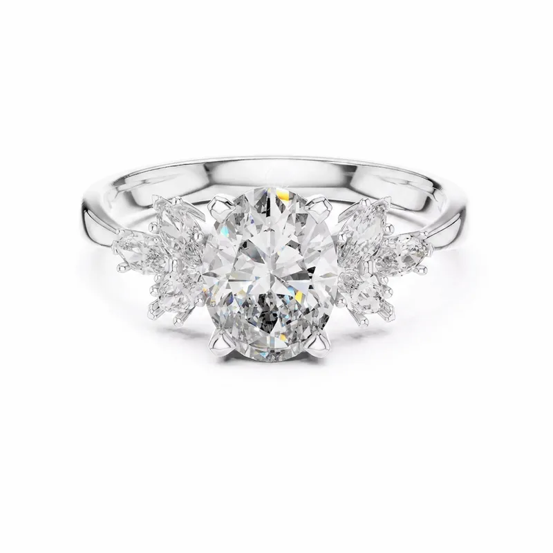 Oval Diamond with Marquise Accent Side Stones in White Gold