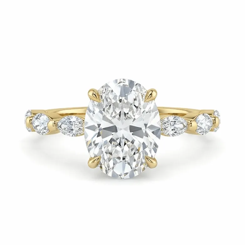 Oval Diamond with Marquise & Round Accent Shank in Yellow Gold