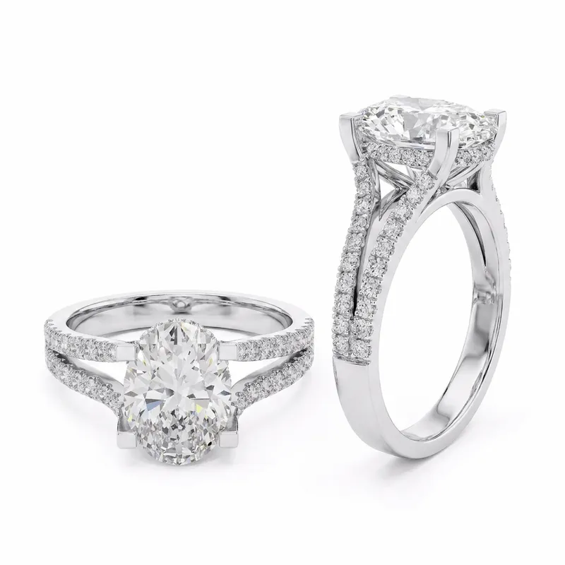 Oval Cut Split Double Pavé Shank Engagement Ring in White Gold