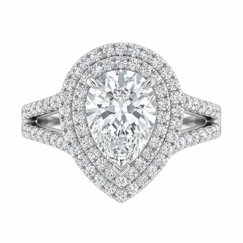 Pear Cut Double Halo with Split Pavé Shank in White Gold