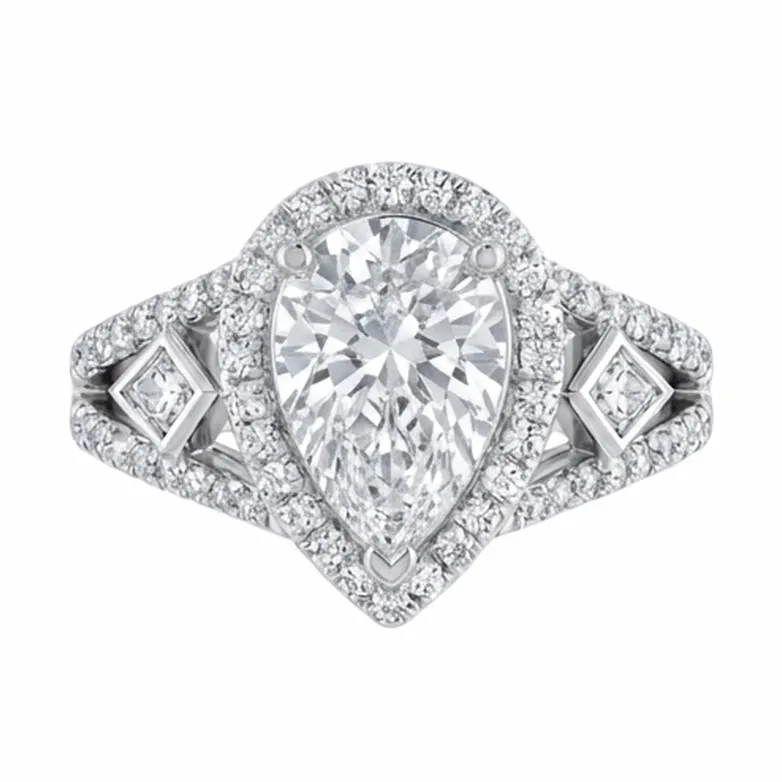 Pear Cut Halo with Kite-Set Accents Engagement Ring in White Gold
