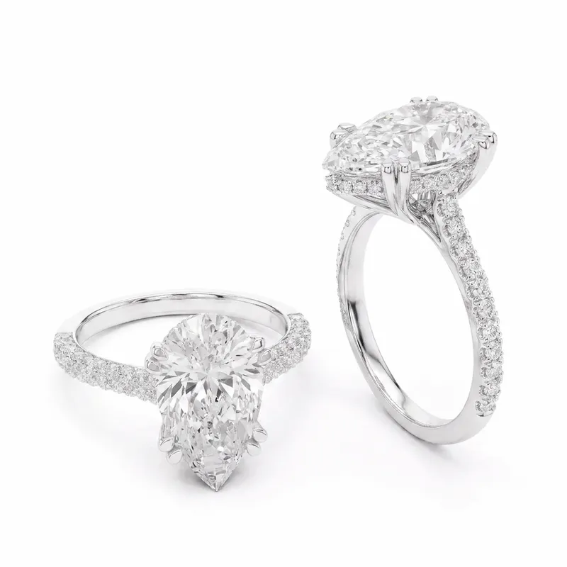 Pear Cut Hidden Halo with Double Pavé Shank Engagement Ring in White Gold