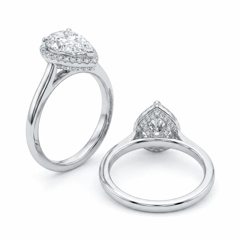 Pear Cut Hidden Halo Engagement Ring in White Gold