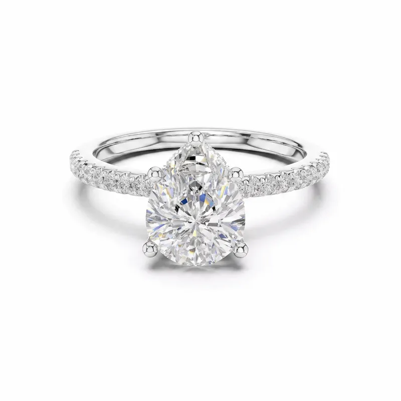 Pear Cut Pavé Shank Engagement Ring in White Gold