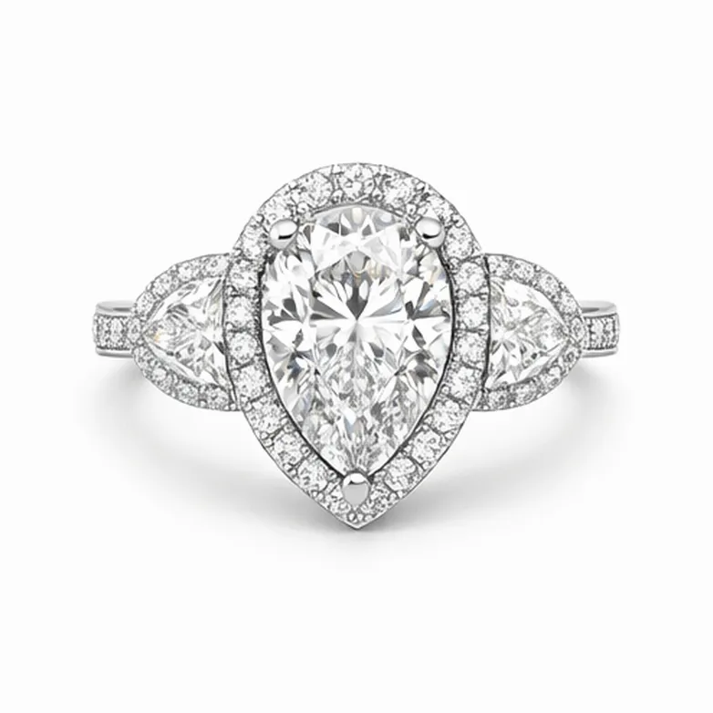 Pear Cut Three-Stone Halo with Trillion Side Diamonds in White Gold