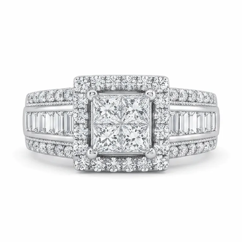 Princess Cut Cluster with Baguette-Set Wide Band in White Gold
