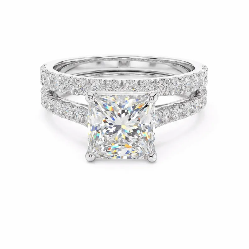 Princess Cut Double Pavé Split Shank Engagement Ring in White Gold