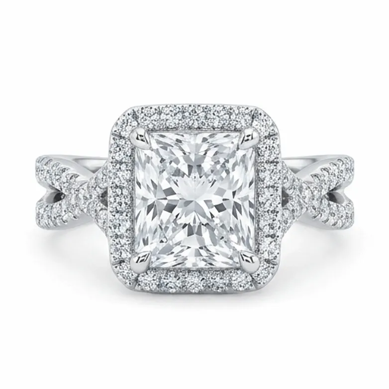 Princess Cut Halo with Crossover Pavé Shank in White Gold