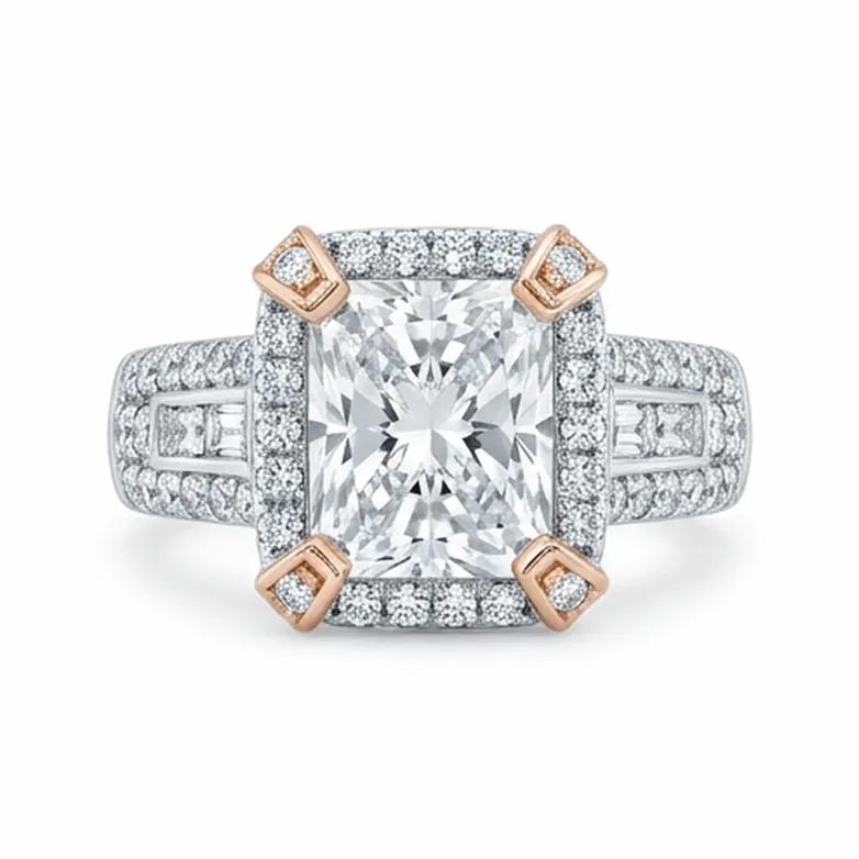 Princess Cut Halo with Rose Gold Prong Accents in Two-Tone Gold