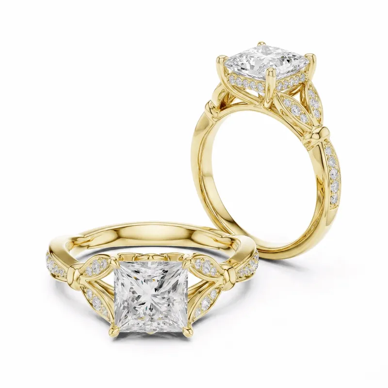 Princess Cut Hidden Halo with Floral Leaf Shank in Yellow Gold