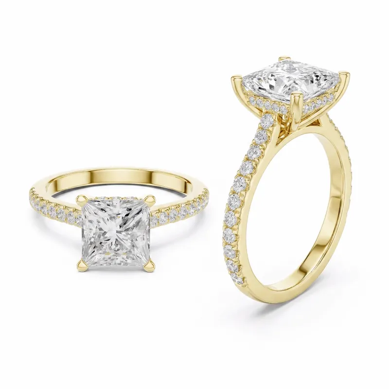 Princess Cut Hidden Halo with Pavé Shank Engagement Ring in Yellow Gold
