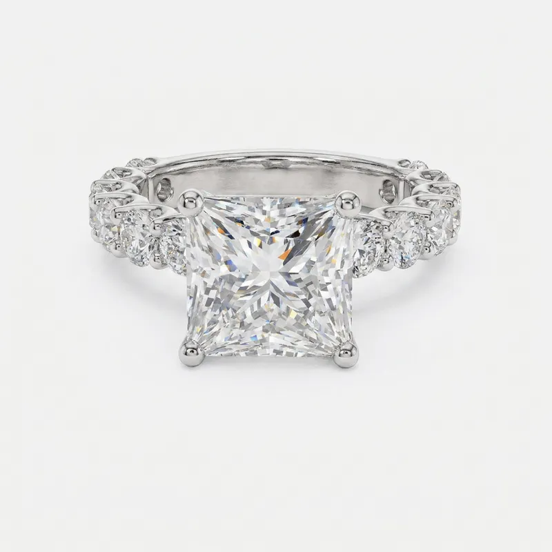 Princess Cut Large Round Pavé Shank Engagement Ring in White Gold