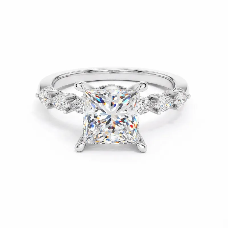 Princess Cut Marquise & Baguette Side Shank Engagement Ring in White Gold